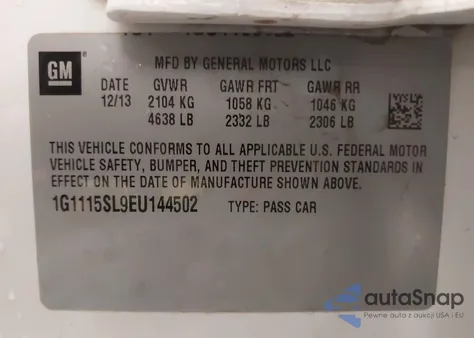 2014 Chevrolet Impala 1Lt z USA, uszkodzony, nr VIN 1G1115SL9EU144502